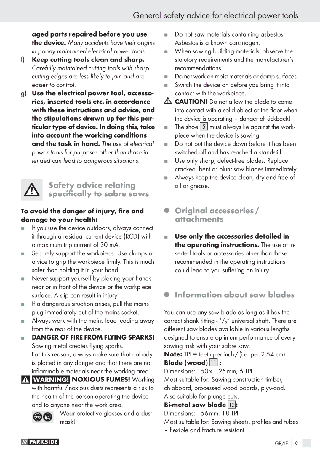 Parkside PFS 710 A1 manual Safety advice relating speciﬁcally to sabre saws, Original accessories / attachments 