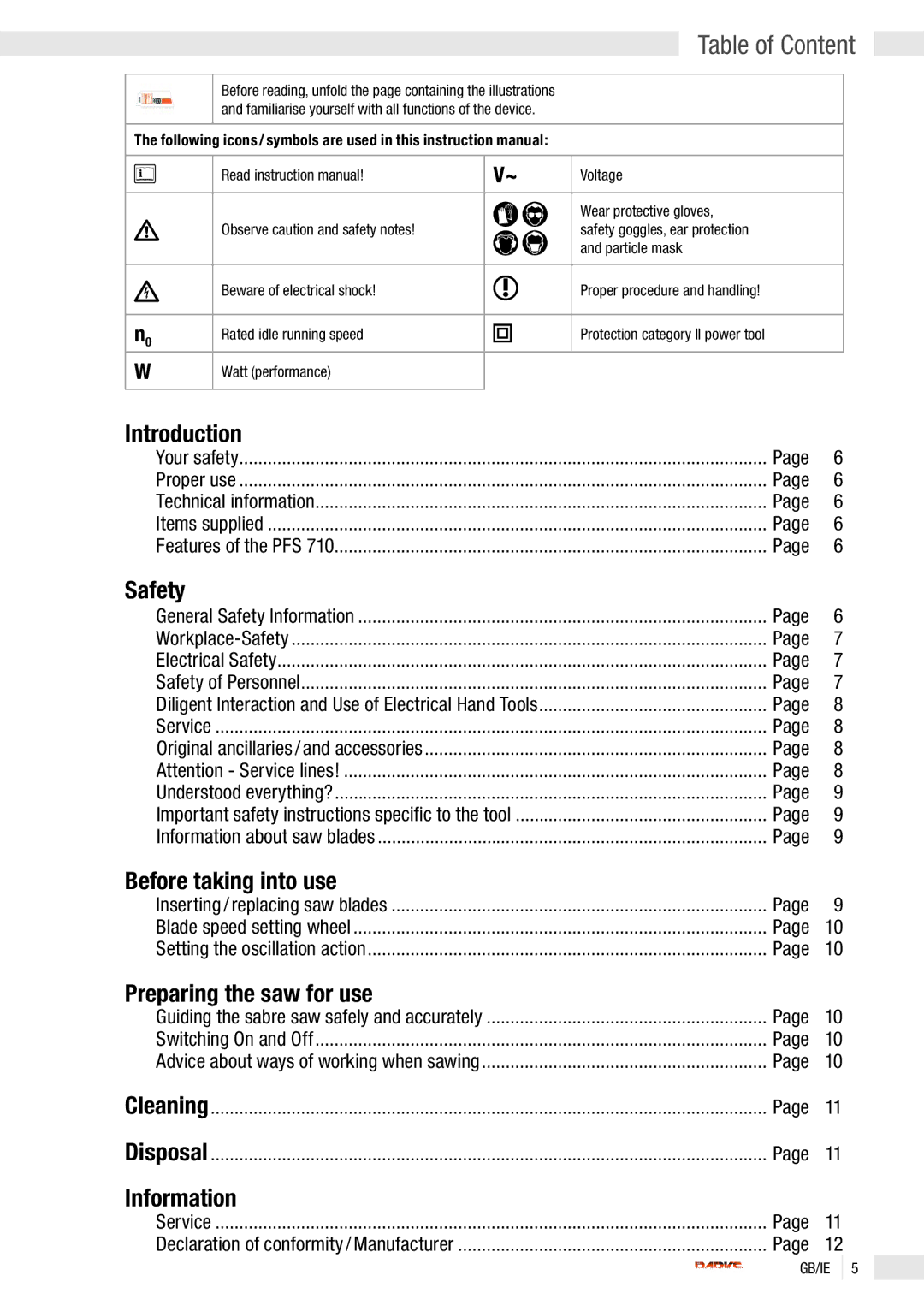 Parkside PFS 710 manual Table of Content 