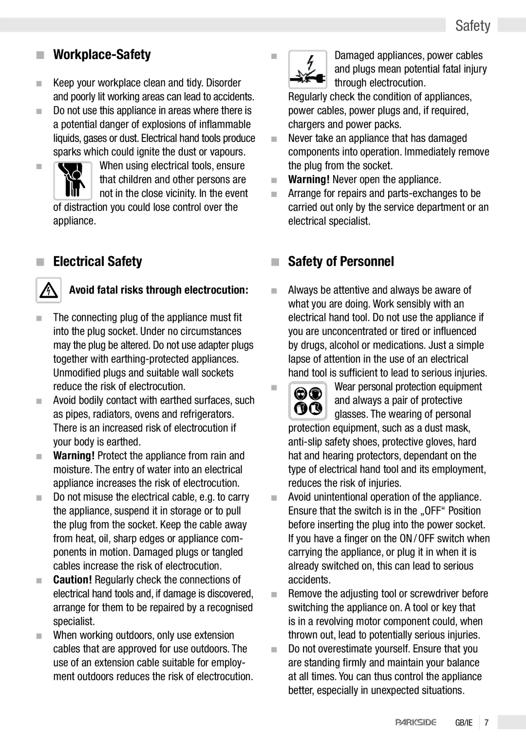 Parkside PFS 710 manual Workplace-Safety, Electrical Safety, Safety of Personnel 