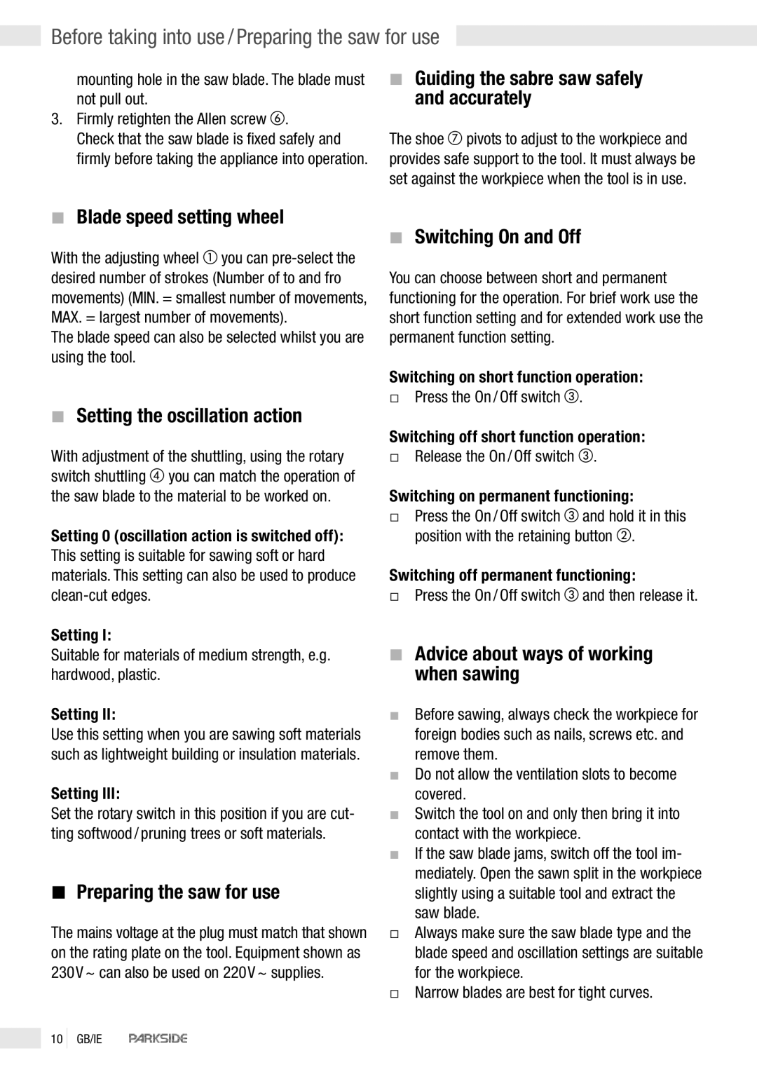 Parkside PFS 710 manual Before taking into use / Preparing the saw for use 