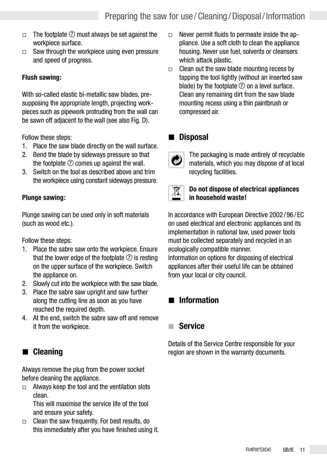 Parkside PFS 710 manual Disposal, Cleaning, Information Service 