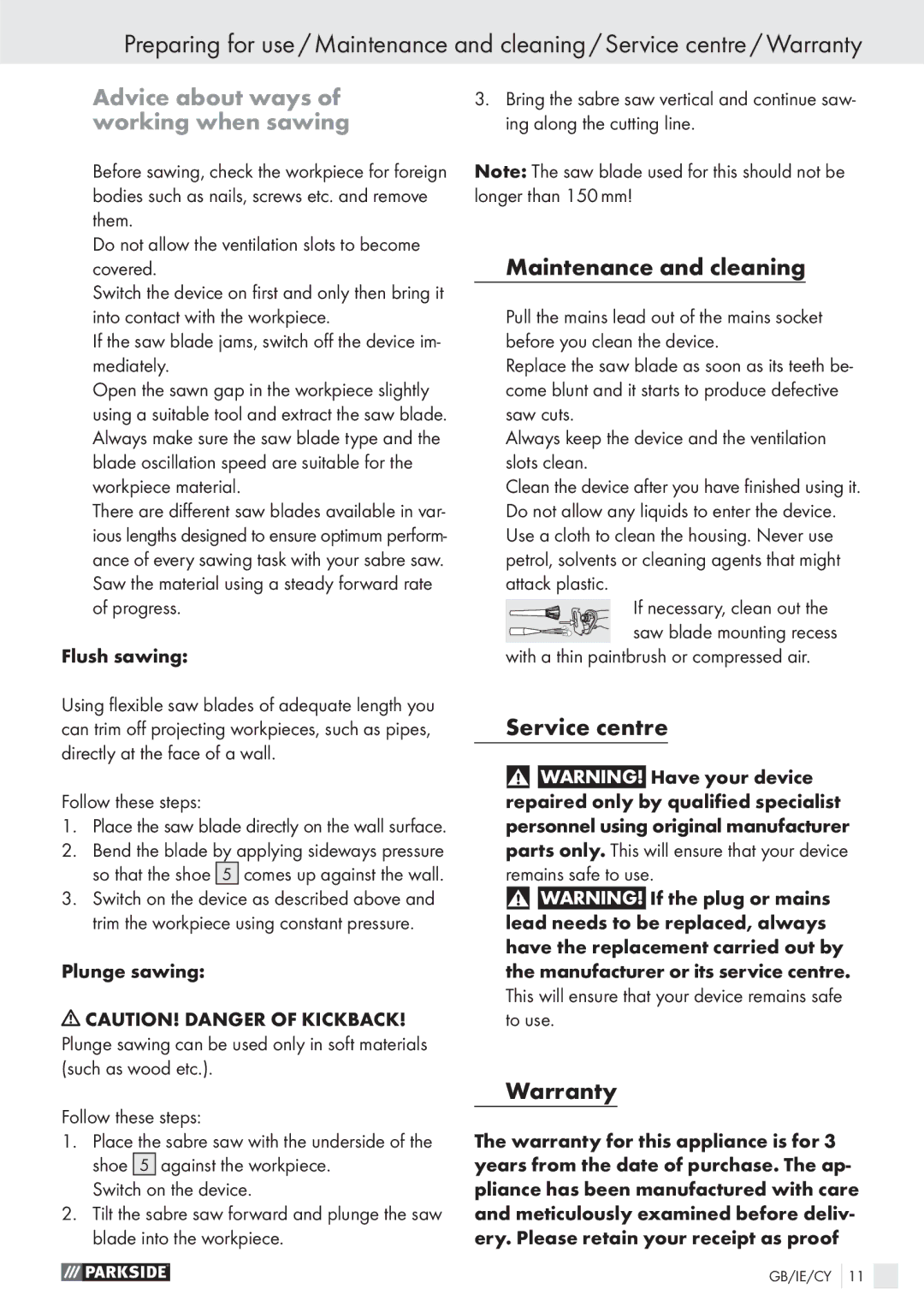 Parkside PFS710 manual Advice about ways of working when sawing, Maintenance and cleaning, Service centre, Warranty 