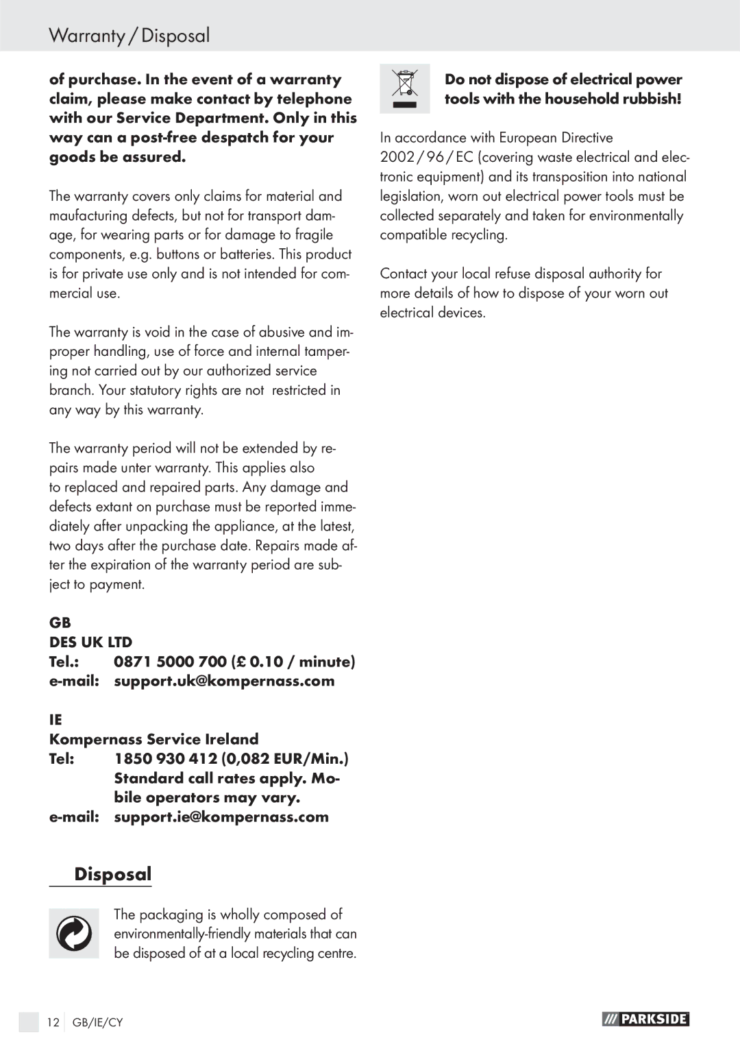 Parkside PFS710 manual Warranty / Disposal, Accordance with European Directive 