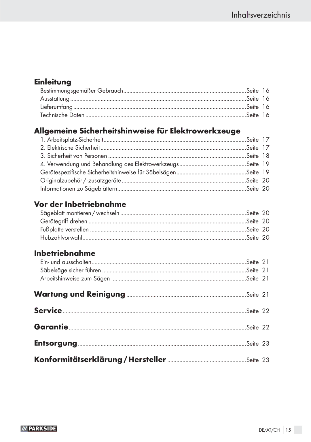 Parkside PFS710 manual Inhaltsverzeichnis, Einleitung, Allgemeine Sicherheitshinweise für Elektrowerkzeuge, Inbetriebnahme 