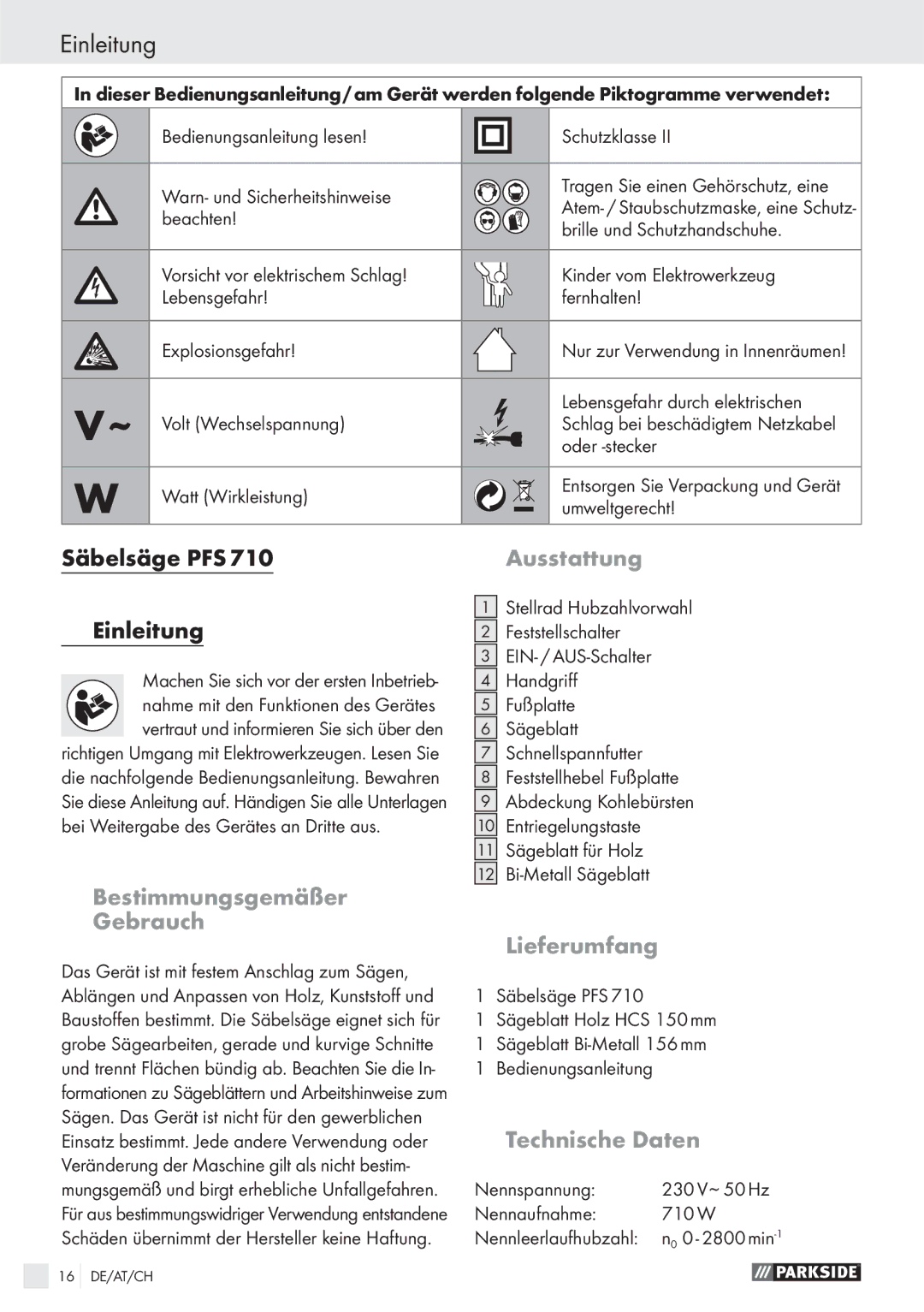 Parkside PFS710 manual Einleitung, Ausstattung, Bestimmungsgemäßer Gebrauch, Lieferumfang, Technische Daten 