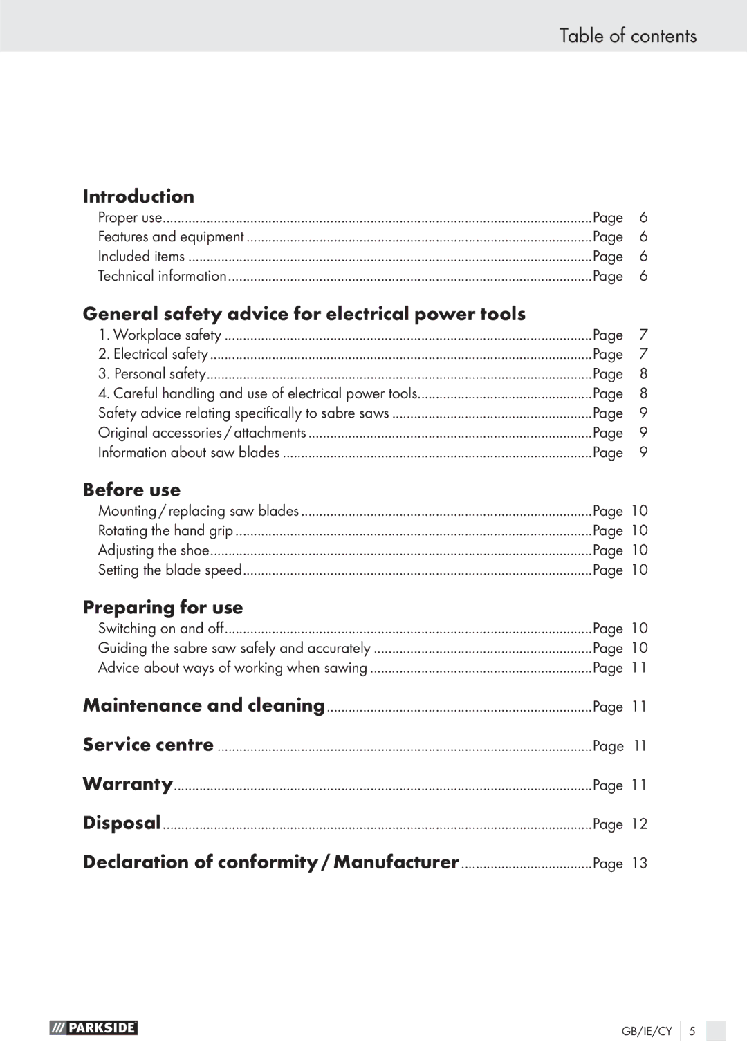 Parkside PFS710 manual Table of contents 