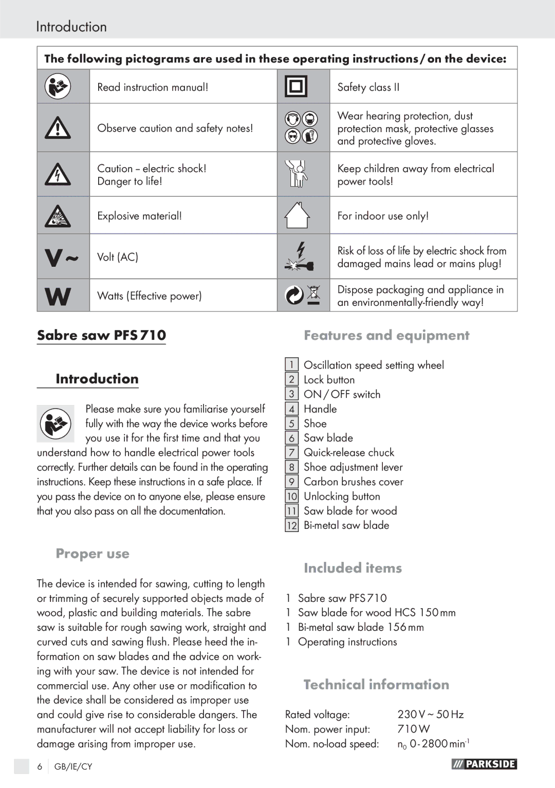 Parkside PFS710 manual Introduction, Features and equipment, Proper use, Included items, Technical information 