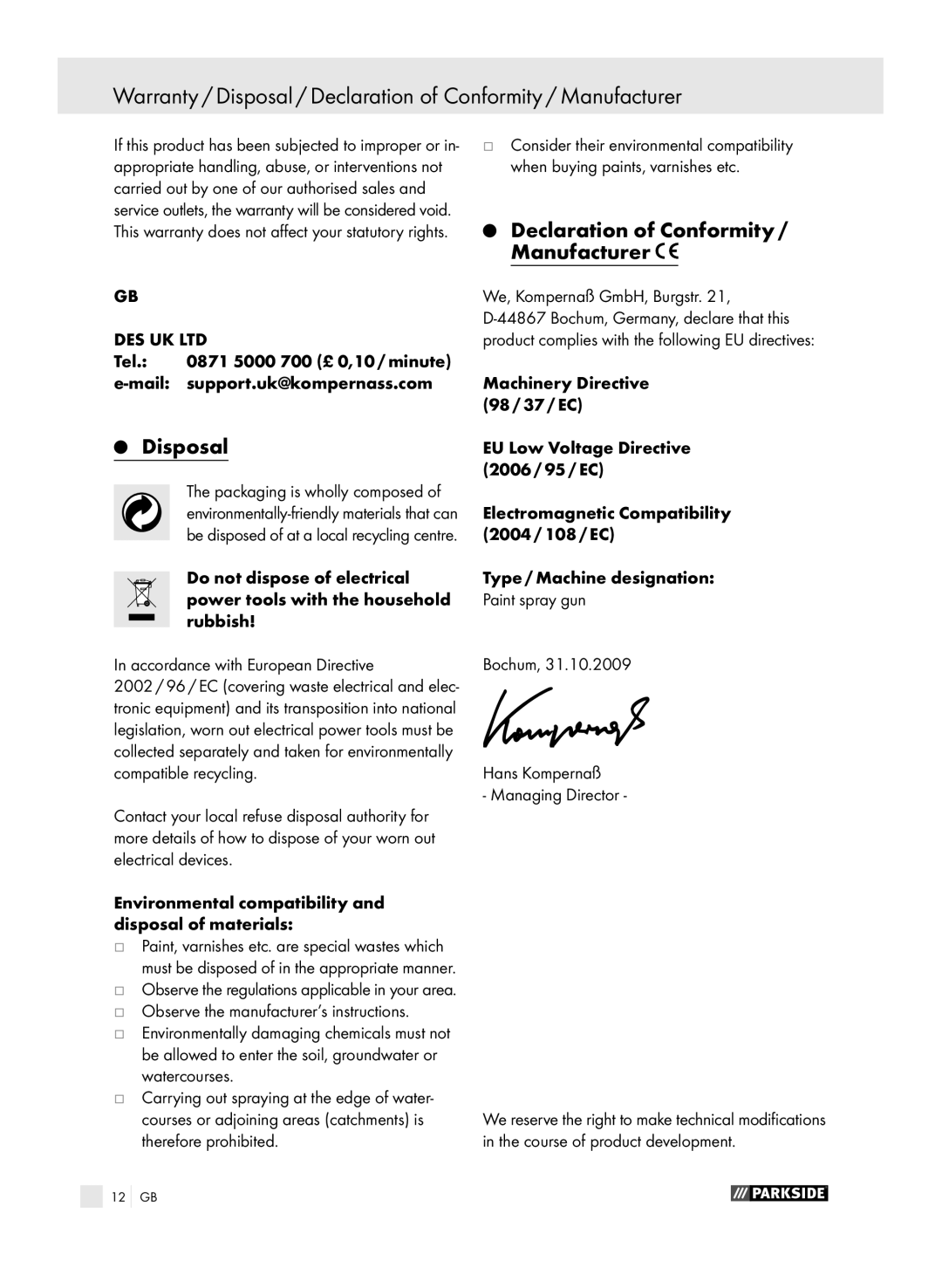 Parkside PFSP 100 manual Disposal, Declaration of Conformity / Manufacturer 
