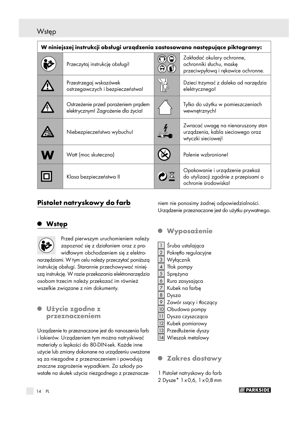 Parkside PFSP 100 manual Pistolet natryskowy do farb Wstęp, Użycie zgodne z przeznaczeniem, Wyposażenie, Zakres dostawy 