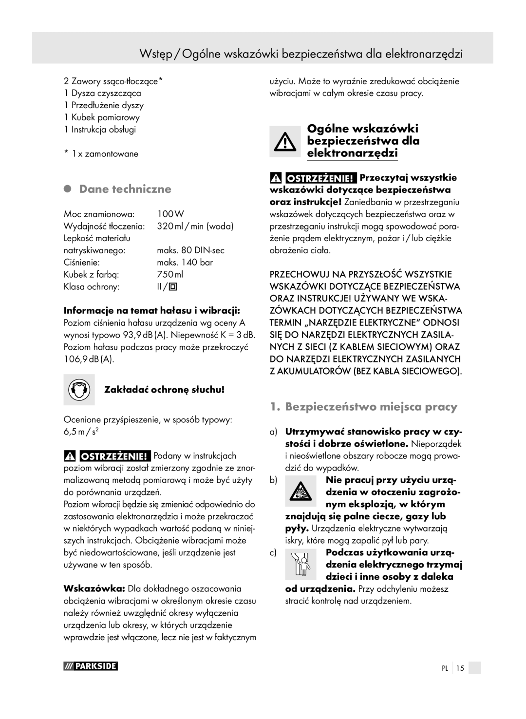 Parkside PFSP 100 manual Wstęp / Ogólne wskazówki bezpieczeństwa dla elektronarzędzi, Dane techniczne 