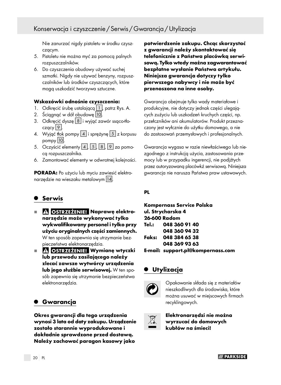 Parkside PFSP 100 manual Konserwacja i czyszczenie / Serwis / Gwarancja / Utylizacja 