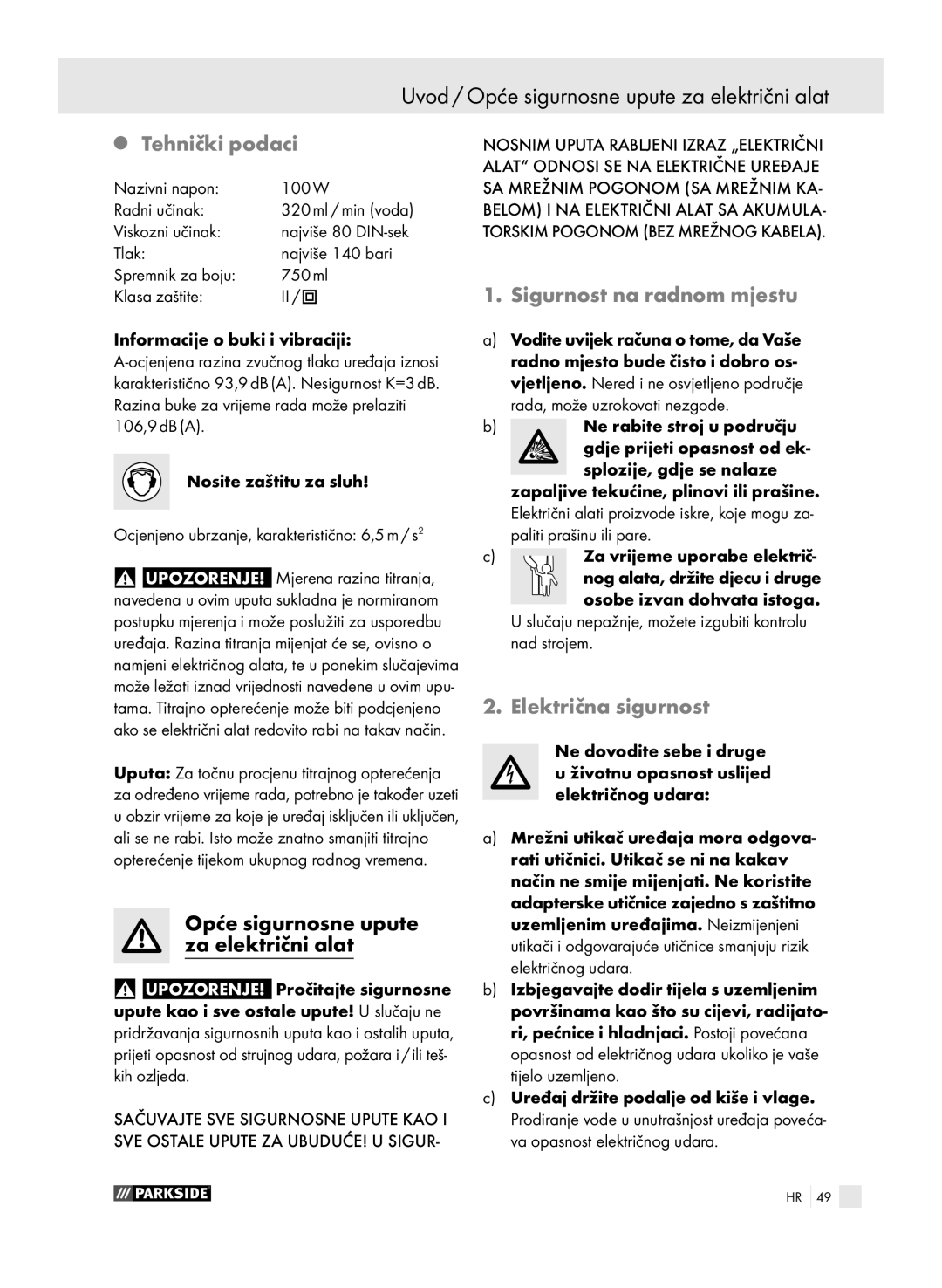 Parkside PFSP 100 manual Uvod / Opće sigurnosne upute za električni alat, Tehnički podaci, Sigurnost na radnom mjestu 