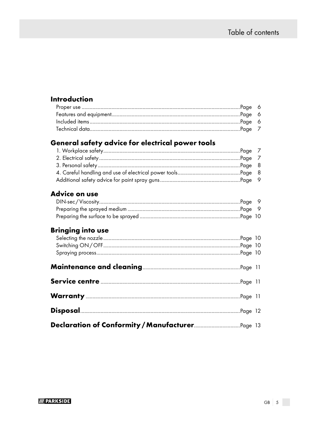 Parkside PFSP 100 manual Table of contents 