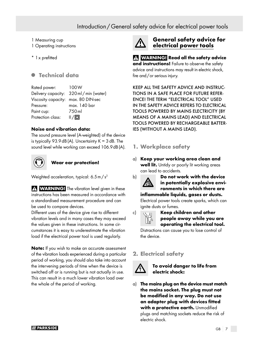 Parkside PFSP 100 manual Technical data, Workplace safety, Electrical safety 