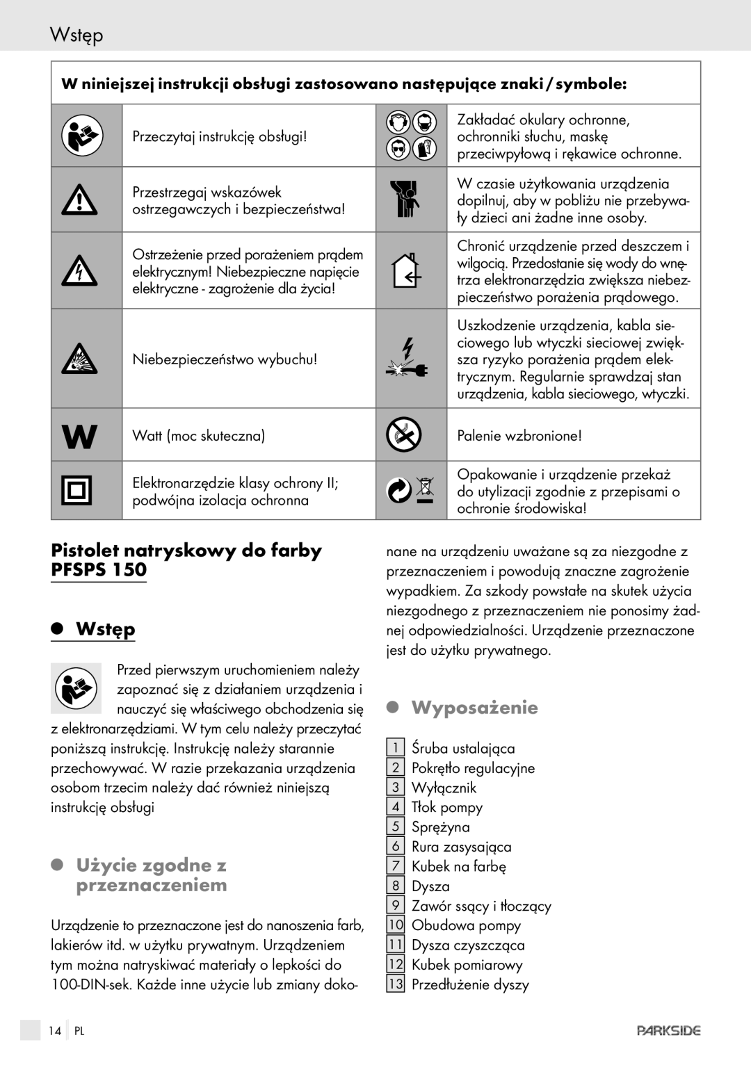 Parkside PFSPS150 manual Pistolet natryskowy do farby Pfsps Wstęp, Użycie zgodne z przeznaczeniem, Wyposażenie 