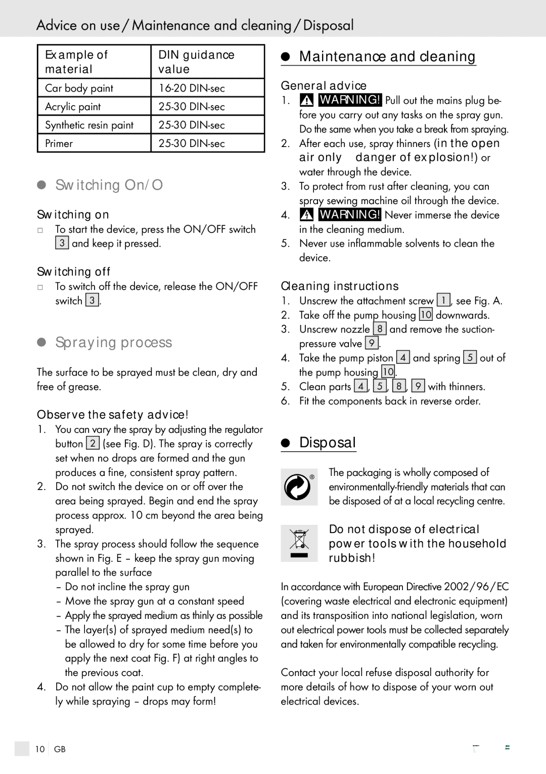 Parkside PFSPS150 manual Advice on use / Maintenance and cleaning / Disposal, Switching On/Off, Spraying process 