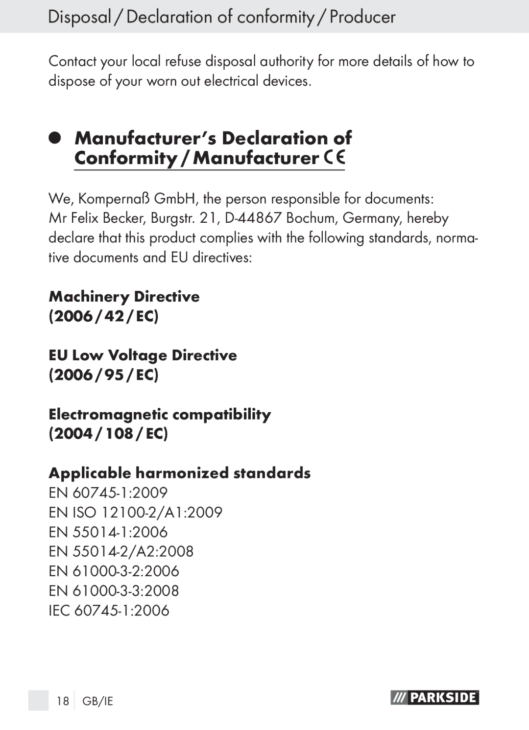 Parkside PGG 15 A1 Disposal / Declaration of conformity / Producer, Manufacturer’s Declaration Conformity / Manufacturer 