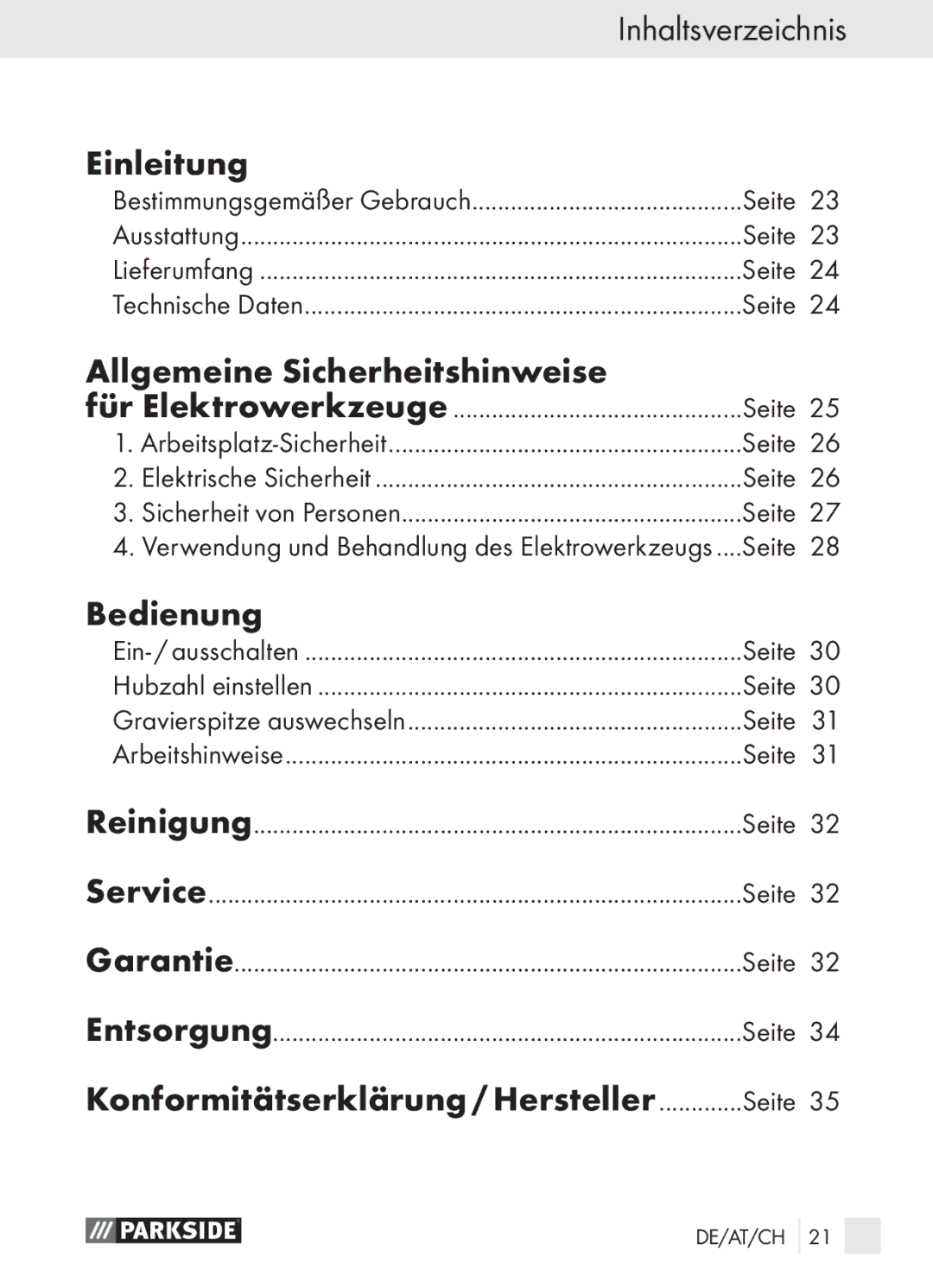 Parkside PGG 15 A1 manual Inhaltsverzeichnis Einleitung, Allgemeine Sicherheitshinweise, Bedienung 