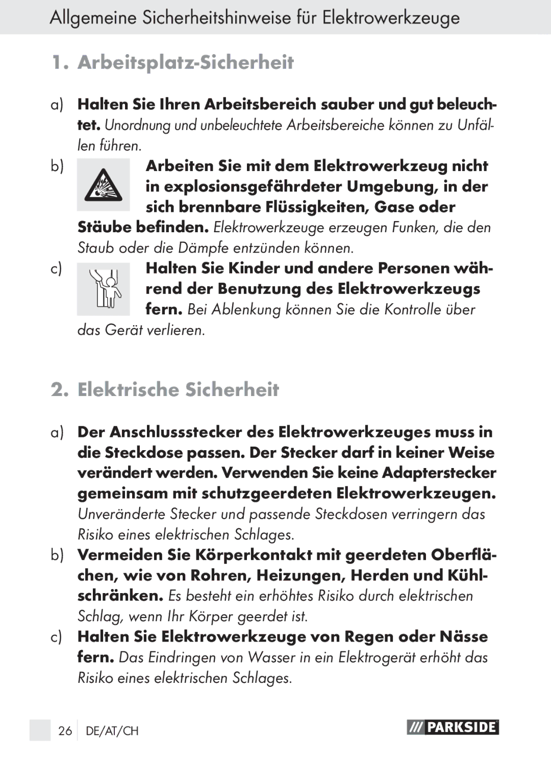 Parkside PGG 15 A1 manual Arbeitsplatz-Sicherheit, Elektrische Sicherheit 