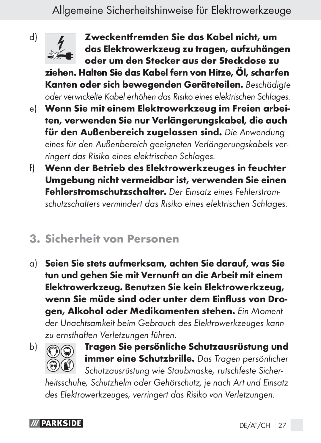 Parkside PGG 15 A1 manual Sicherheit von Personen, Allgemeine Sicherheitshinweise für Elektrowerkzeuge 