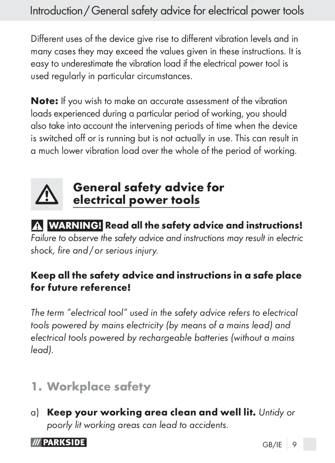 Parkside PGG 15 A1 manual General safety advice for electrical power tools, Workplace safety 