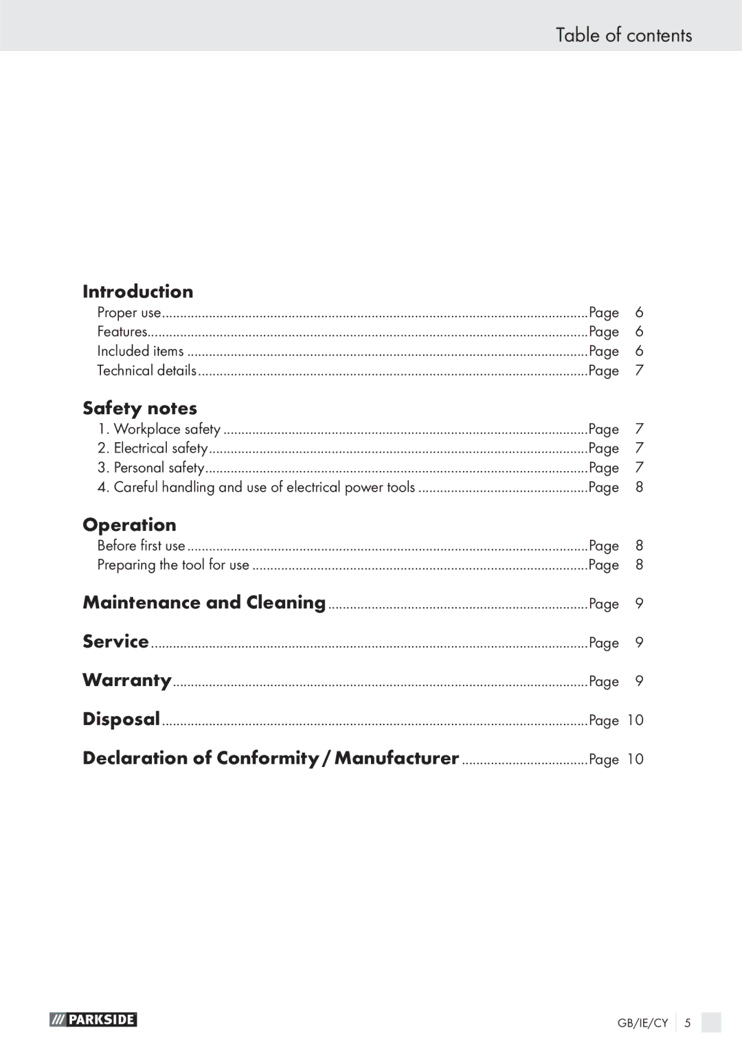 Parkside PHKP 500SE manual Table of contents 