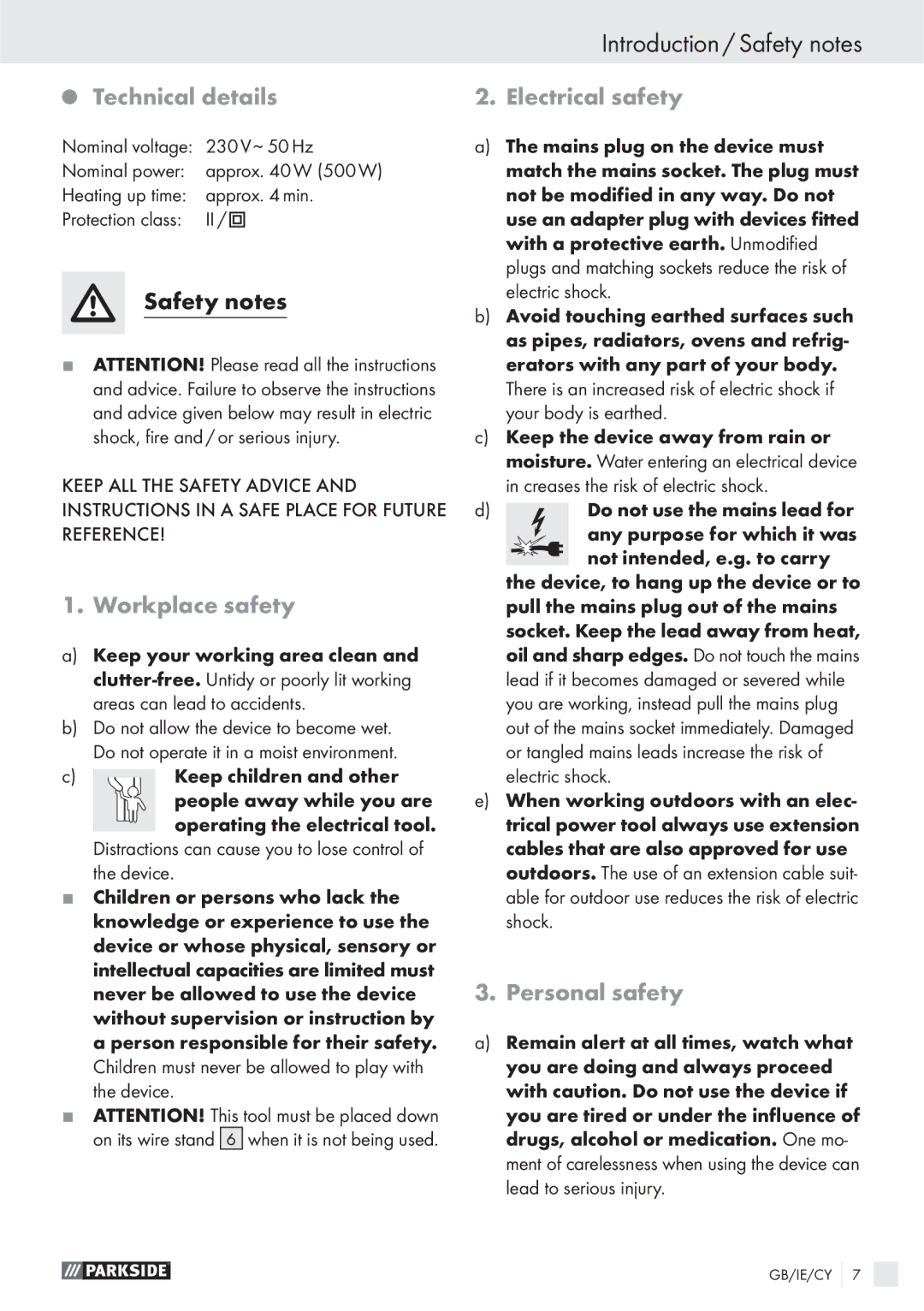 Parkside PHKP 500SE Introduction / Safety notes, Technical details, Workplace safety, Electrical safety, Personal safety 