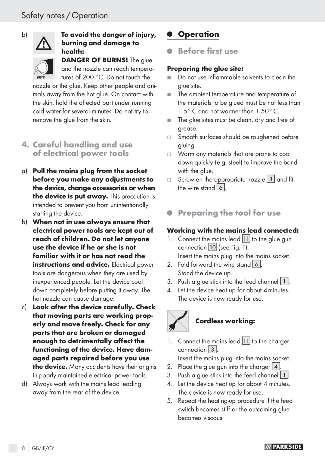 Parkside PHKP 500SE manual Safety notes / Operation, Careful handling and use of electrical power tools, Before ﬁrst use 