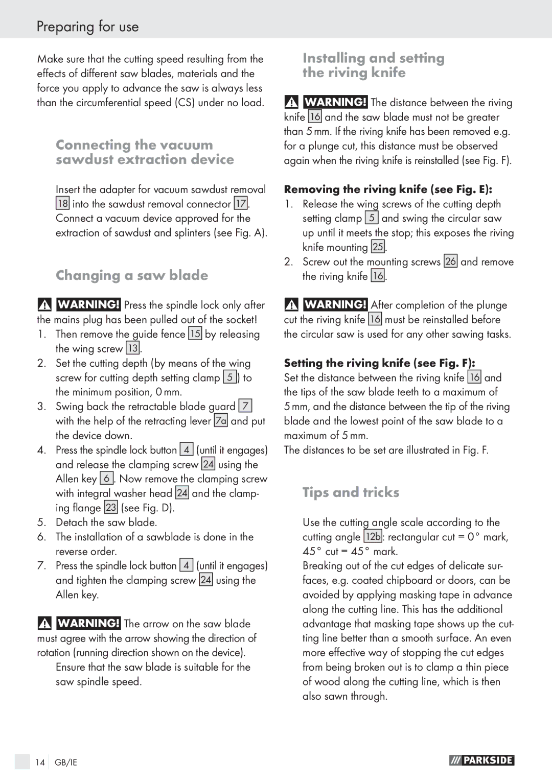 Parkside PHKS 1300 A1 manual Connecting the vacuum sawdust extraction device, Changing a saw blade, Tips and tricks 