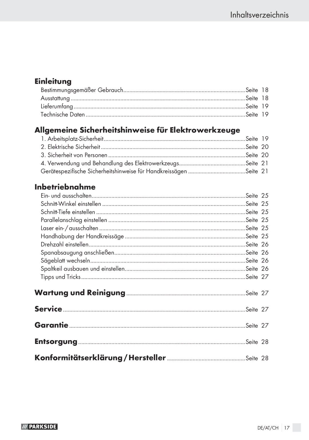 Parkside PHKS 1300 A1 Inhaltsverzeichnis, Einleitung, Allgemeine Sicherheitshinweise für Elektrowerkzeuge, Inbetriebnahme 