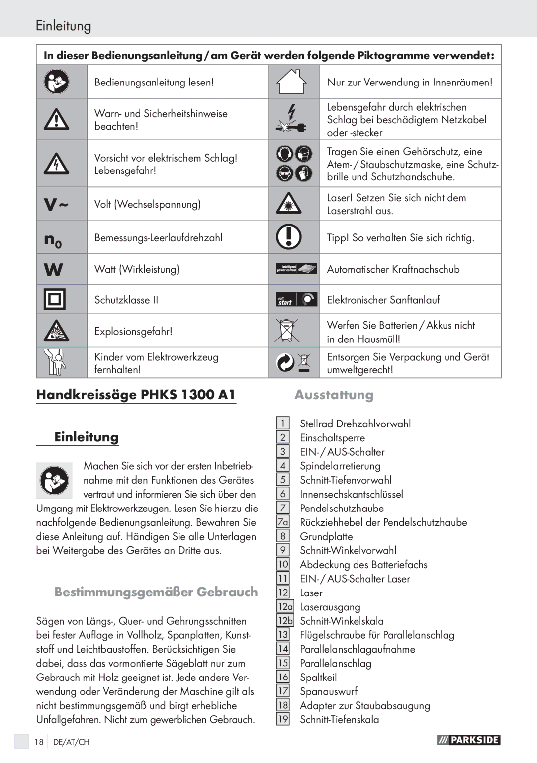 Parkside PHKS 1300 A1 manual Handkreissäge Phks 1300 A1 Einleitung, Bestimmungsgemäßer Gebrauch, Ausstattung 