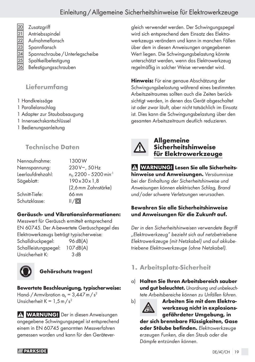 Parkside PHKS 1300 A1 manual Lieferumfang, Technische Daten, Arbeitsplatz-Sicherheit 