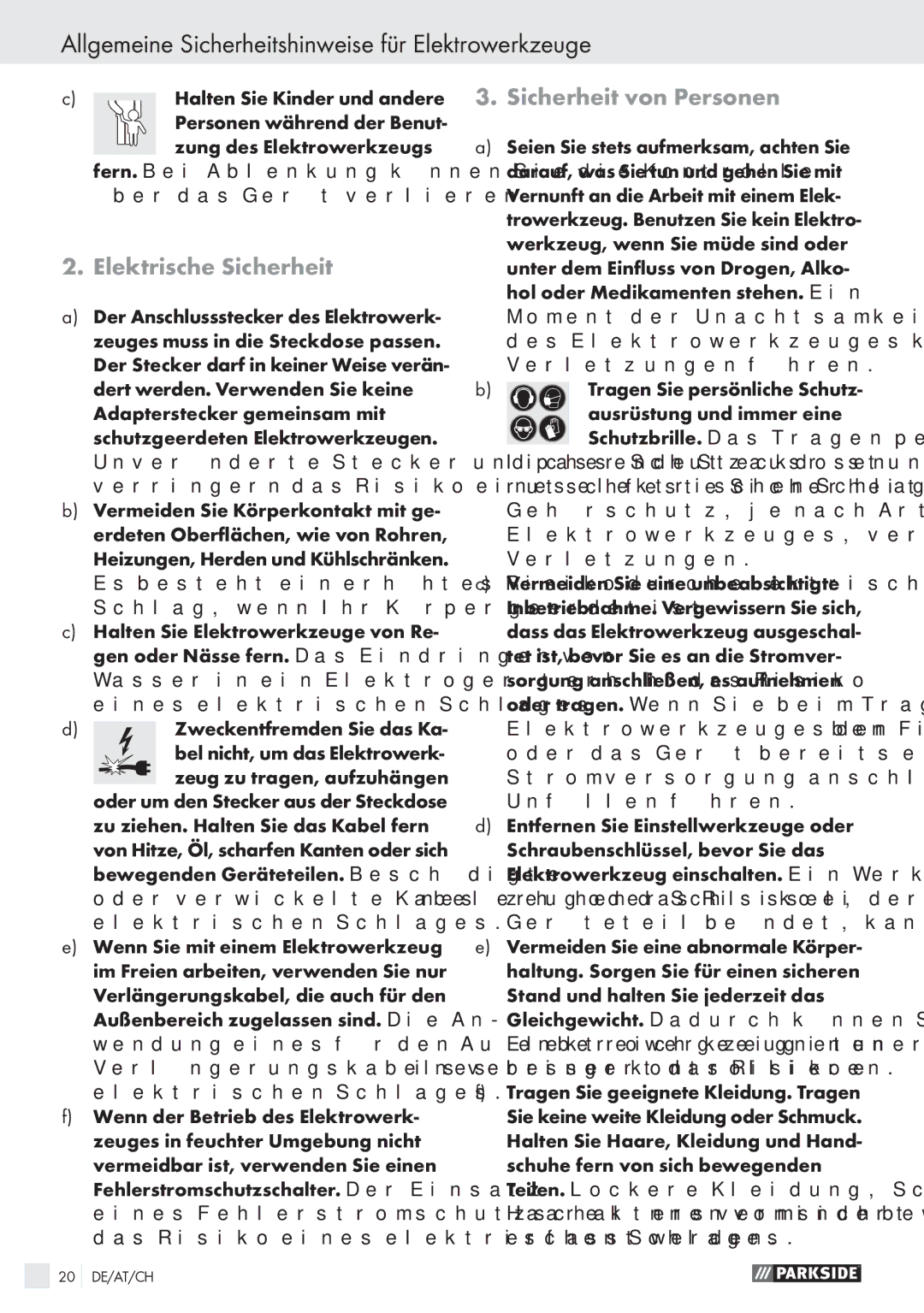Parkside PHKS 1300 A1 Allgemeine Sicherheitshinweise für Elektrowerkzeuge, Elektrische Sicherheit, Sicherheit von Personen 