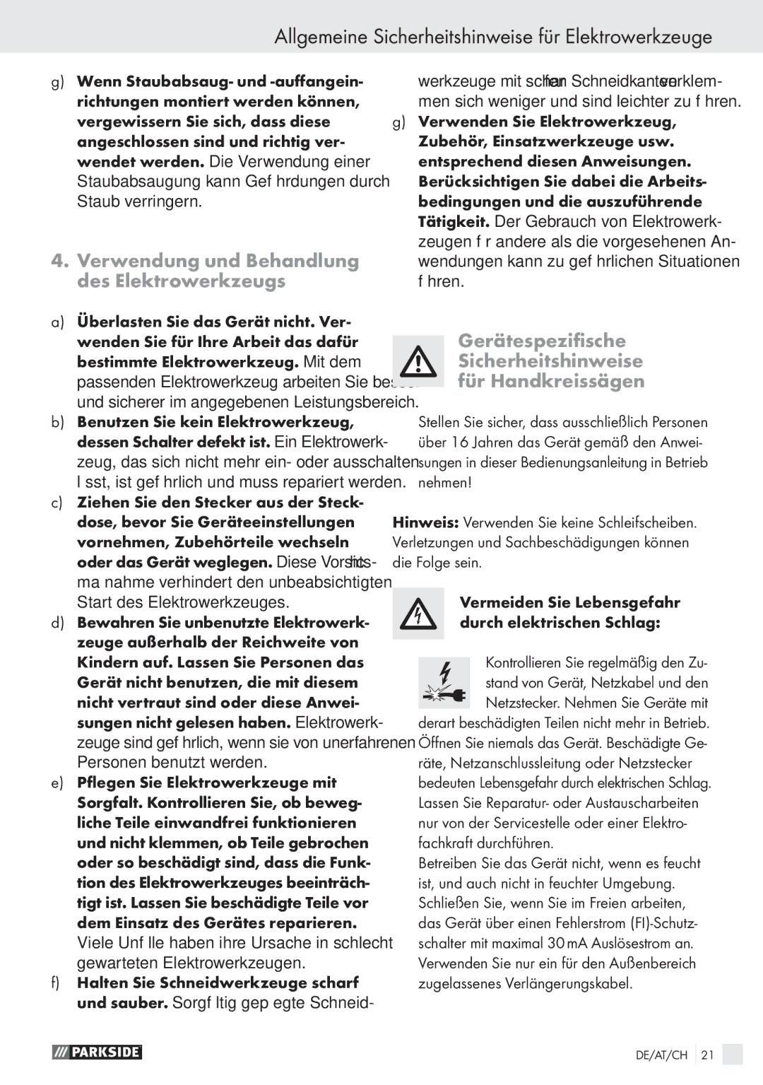 Parkside PHKS 1300 A1 Verwendung und Behandlung des Elektrowerkzeugs, Vermeiden Sie Lebensgefahr durch elektrischen Schlag 