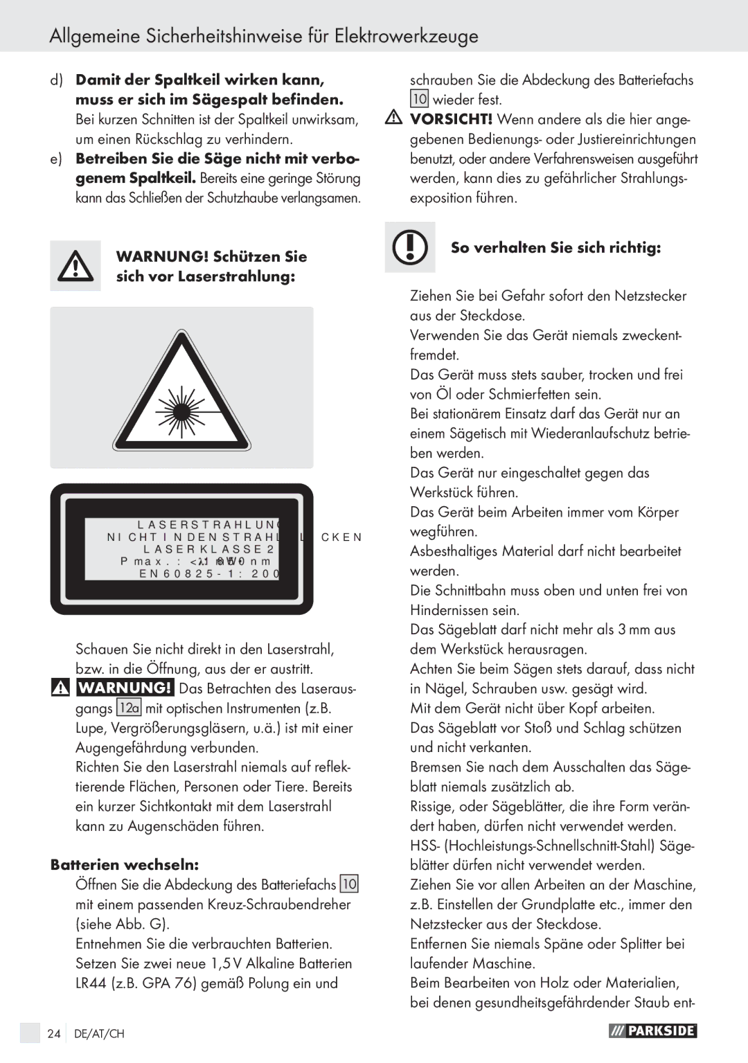 Parkside PHKS 1300 A1 manual WARNUNG! Schützen Sie sich vor Laserstrahlung, Batterien wechseln, Wieder fest 