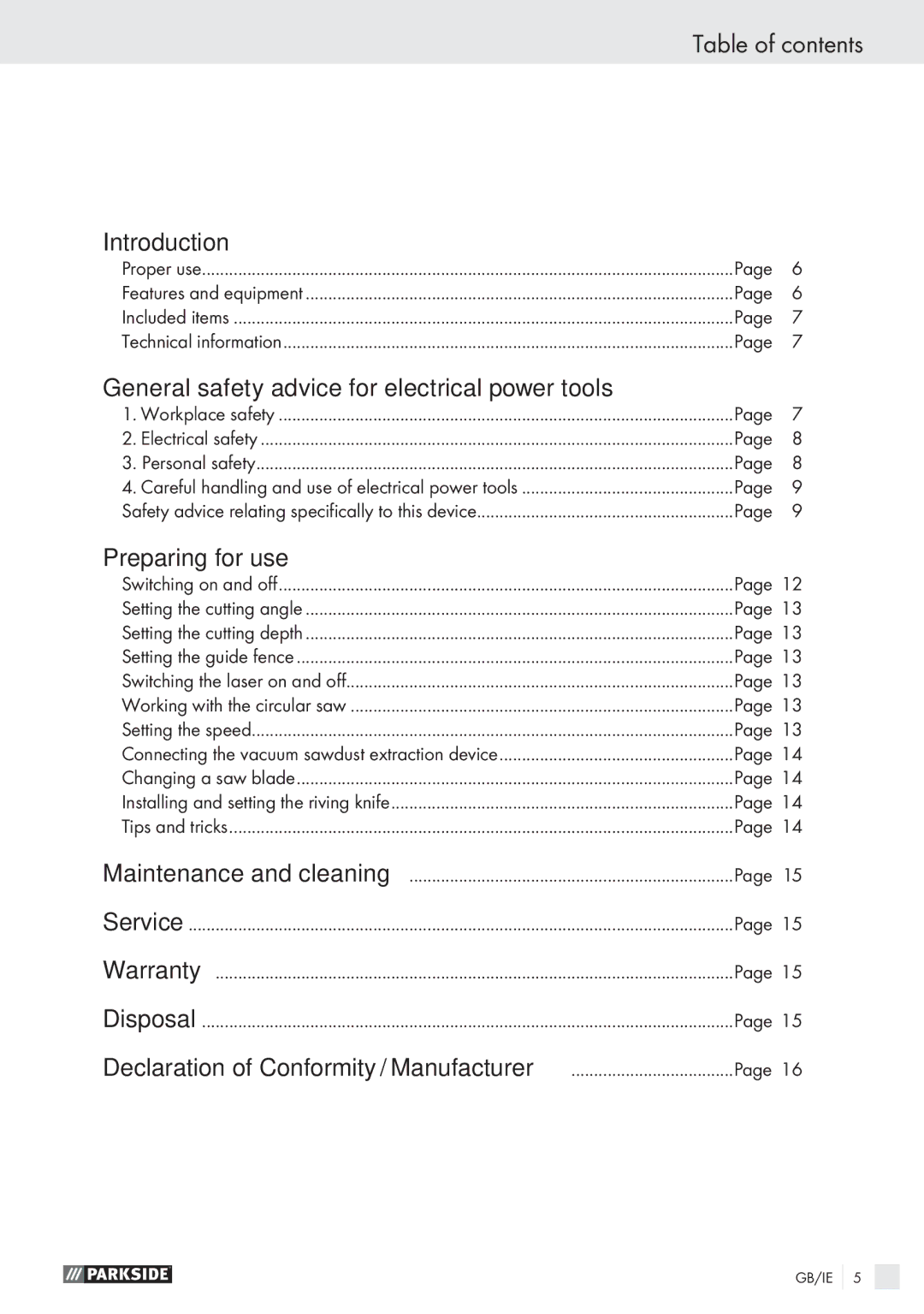 Parkside PHKS 1300 A1 manual Table of contents 