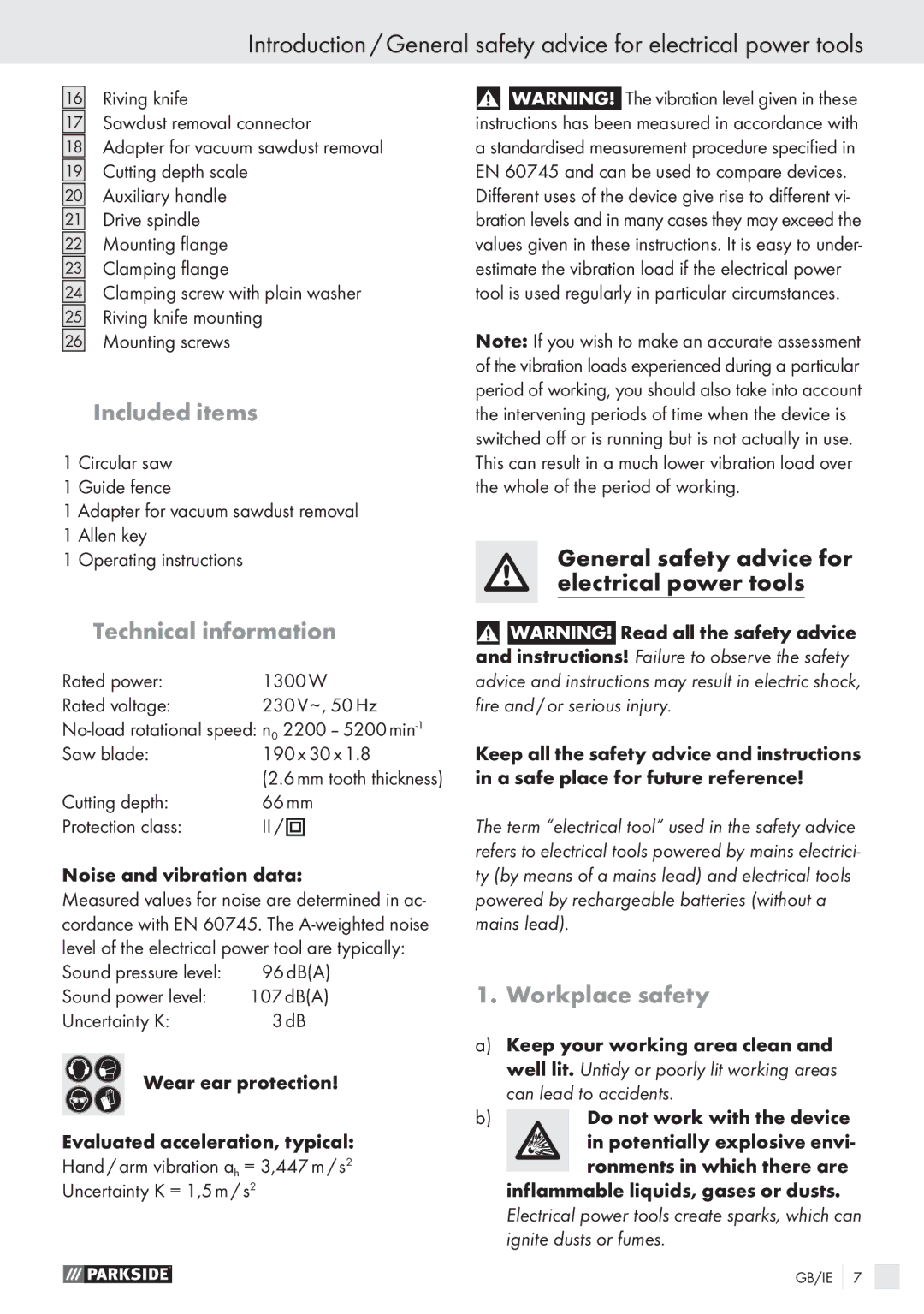 Parkside PHKS 1300 A1 manual Included items, Technical information, Workplace safety 