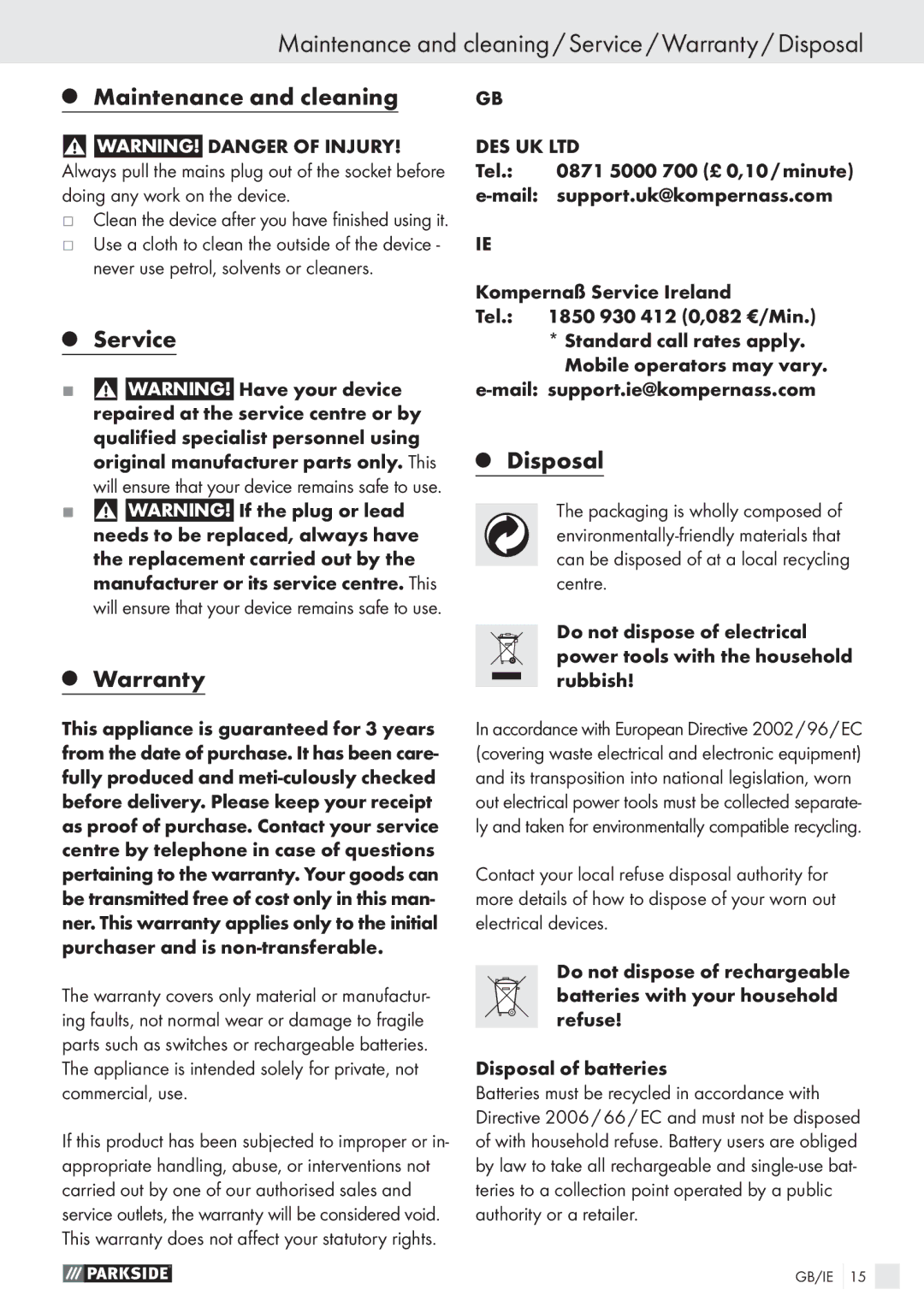 Parkside PHKS 66 manual Maintenance and cleaning / Service / Warranty / Disposal, Service Warranty 