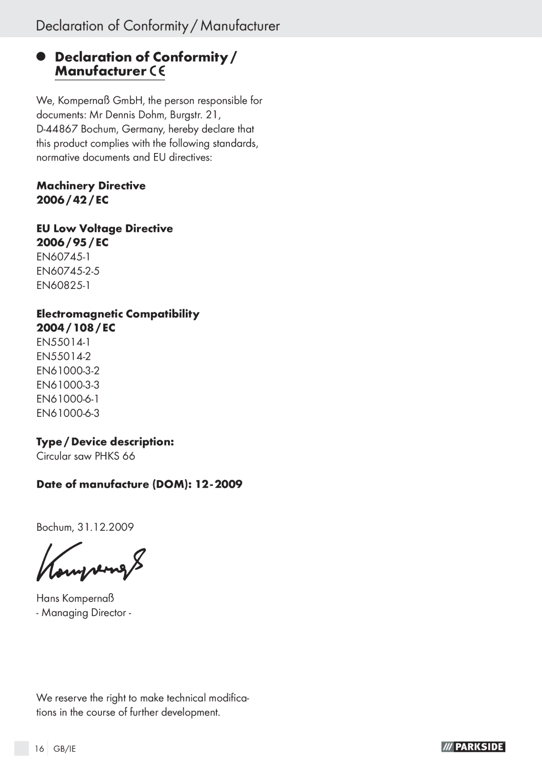 Parkside PHKS 66 manual Declaration of Conformity / Manufacturer 