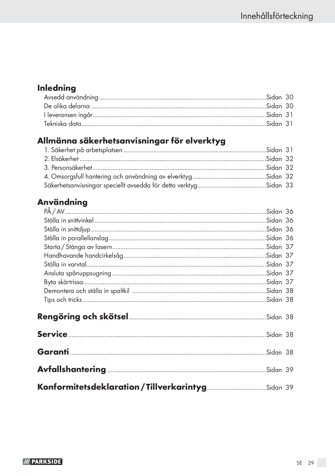 Parkside PHKS 66 manual Innehållsförteckning, Inledning, Allmänna säkerhetsanvisningar för elverktyg, Användning 