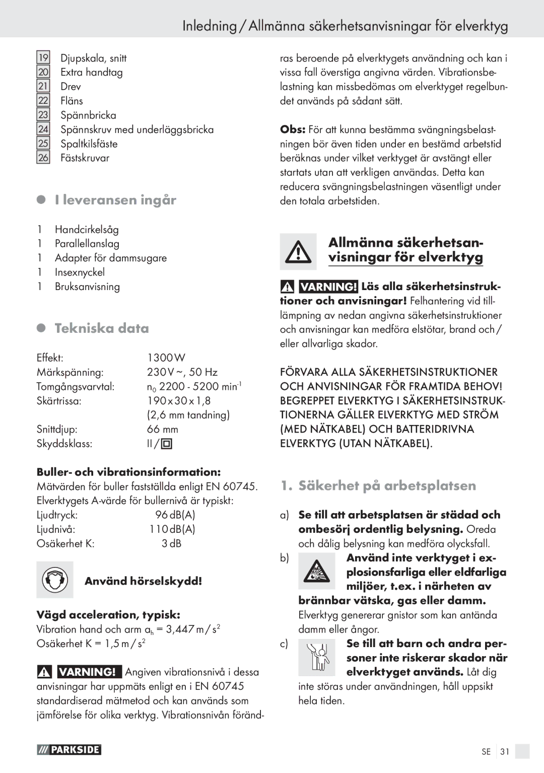 Parkside PHKS 66 manual Inledning / Allmänna säkerhetsanvisningar för elverktyg, Leveransen ingår, Tekniska data 