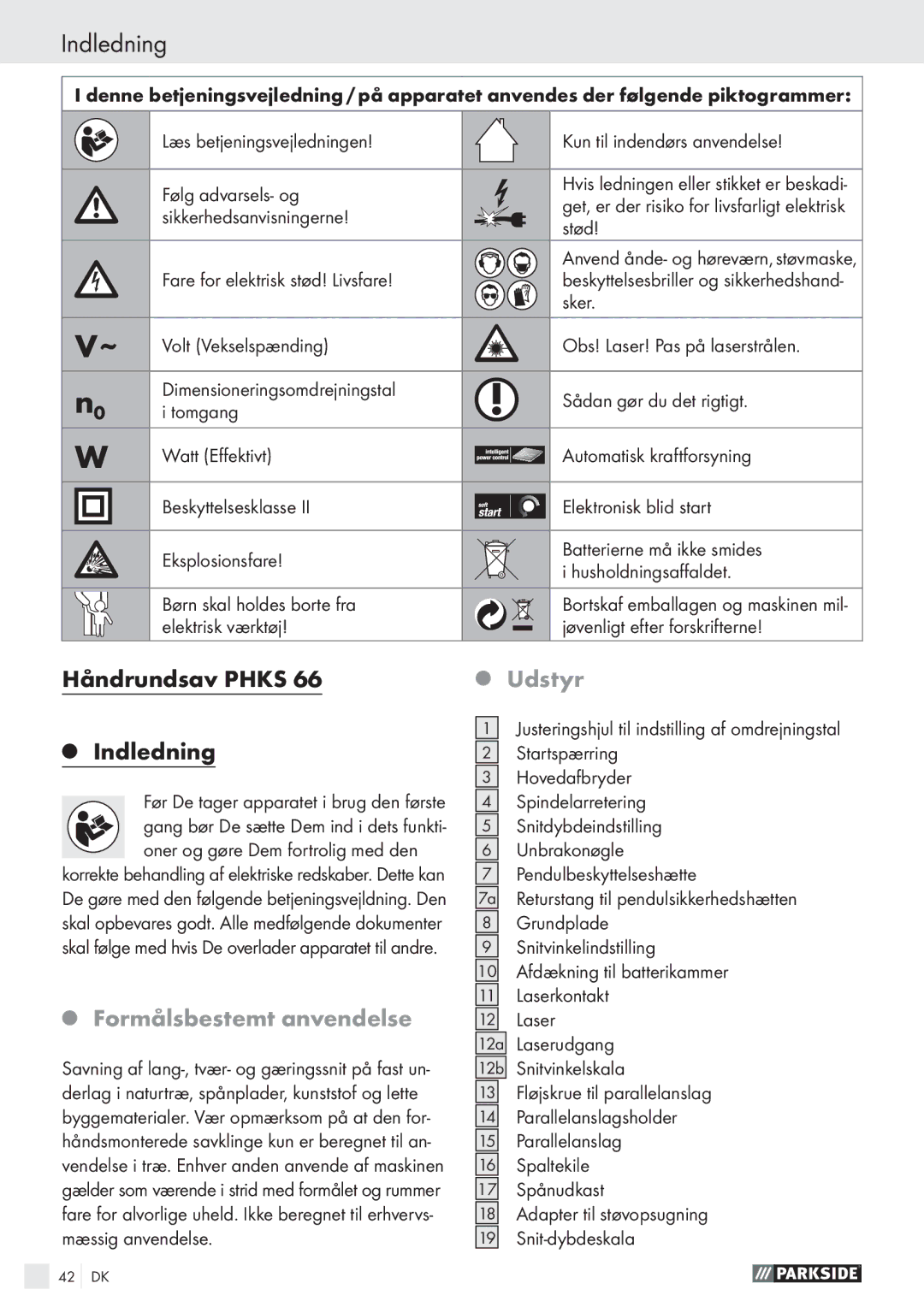 Parkside PHKS 66 manual Håndrundsav Phks Indledning, Formålsbestemt anvendelse, Udstyr 