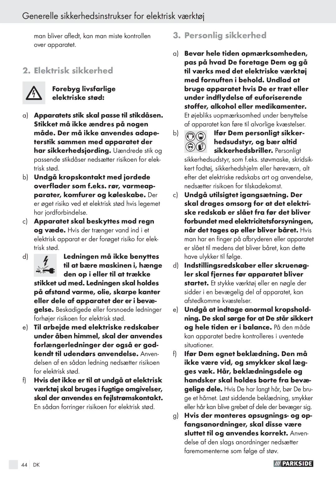 Parkside PHKS 66 manual Generelle sikkerhedsinstrukser for elektrisk værktøj, Elektrisk sikkerhed, Personlig sikkerhed 