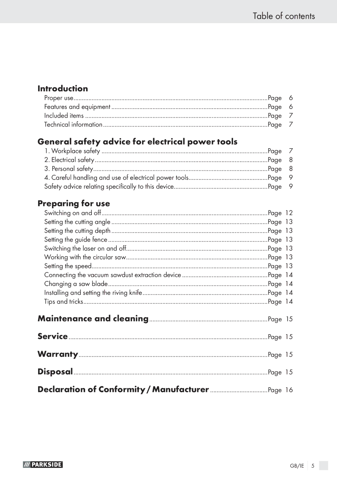 Parkside PHKS 66 manual Table of contents 