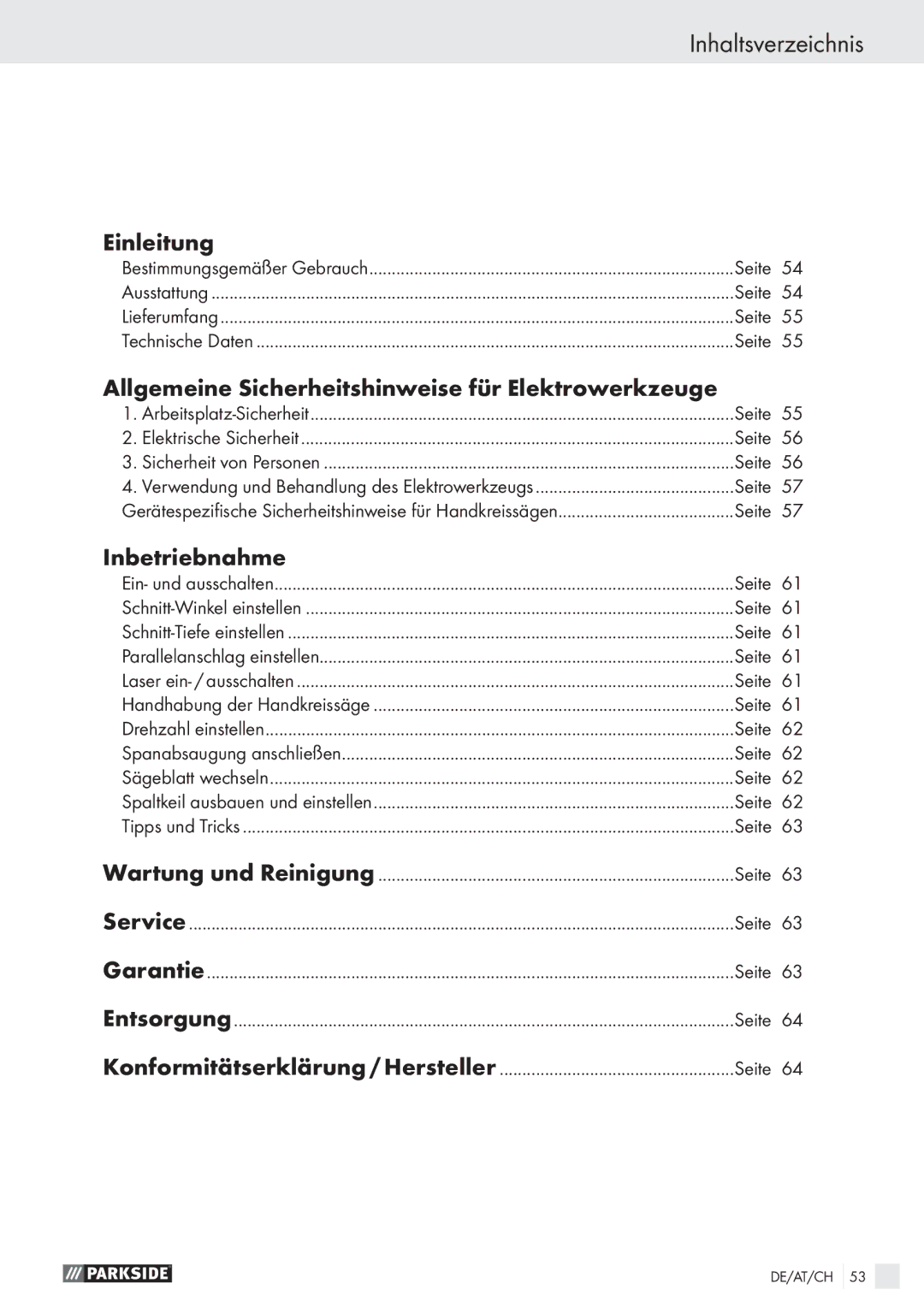 Parkside PHKS 66 manual Inhaltsverzeichnis, Einleitung, Allgemeine Sicherheitshinweise für Elektrowerkzeuge, Inbetriebnahme 