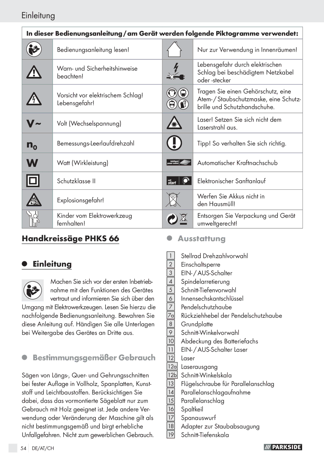 Parkside PHKS 66 manual Handkreissäge Phks Einleitung, Bestimmungsgemäßer Gebrauch, Ausstattung 