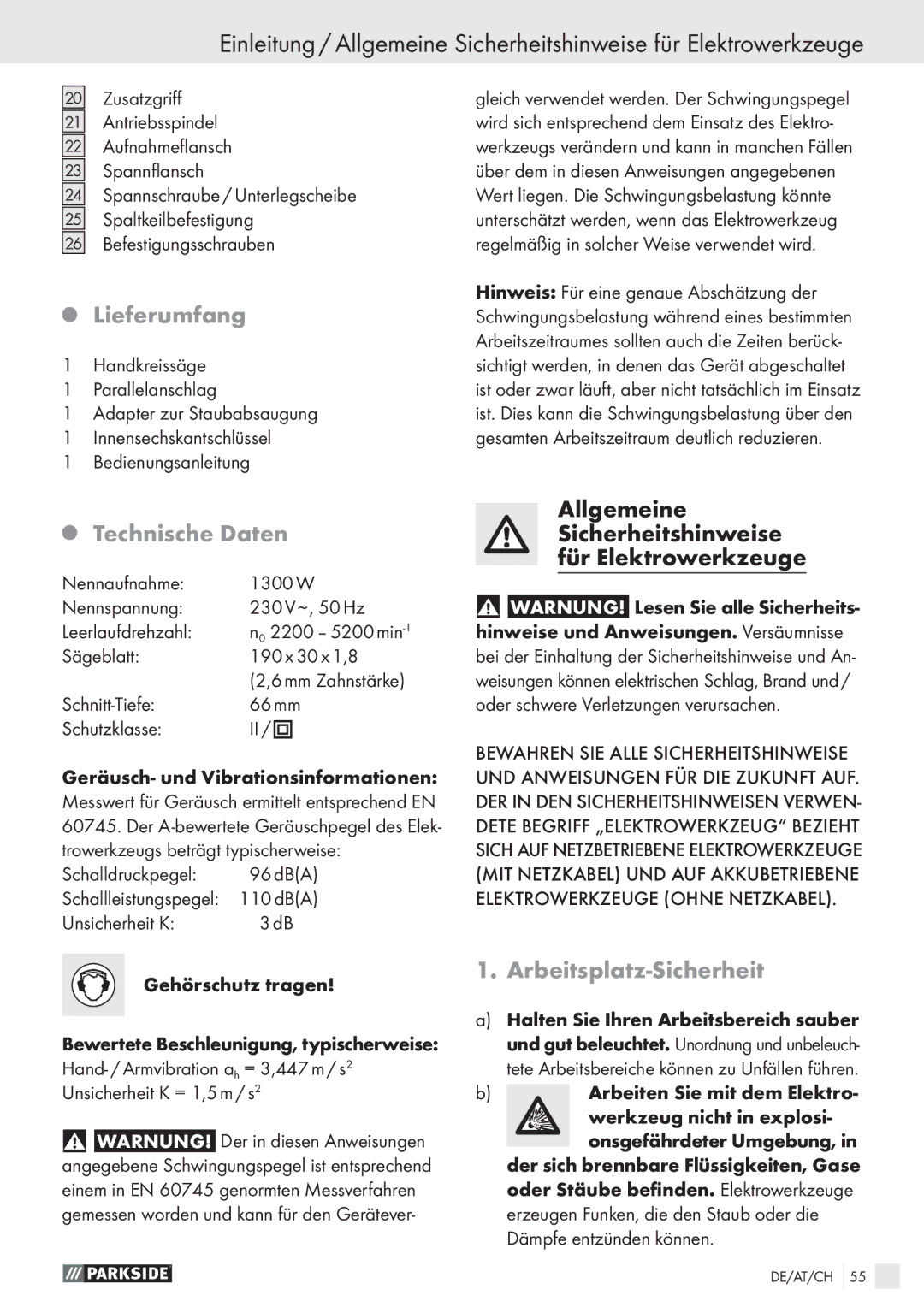 Parkside PHKS 66 manual Lieferumfang, Technische Daten, Arbeitsplatz-Sicherheit 