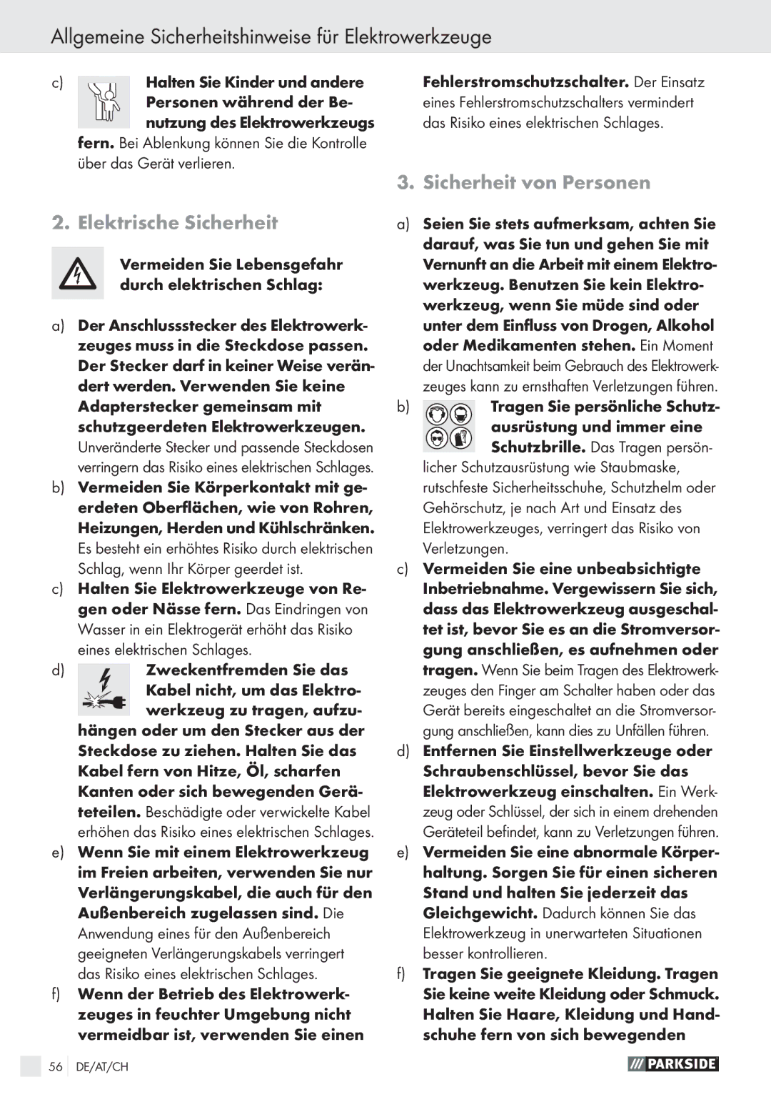 Parkside PHKS 66 Allgemeine Sicherheitshinweise für Elektrowerkzeuge, Elektrische Sicherheit, Sicherheit von Personen 