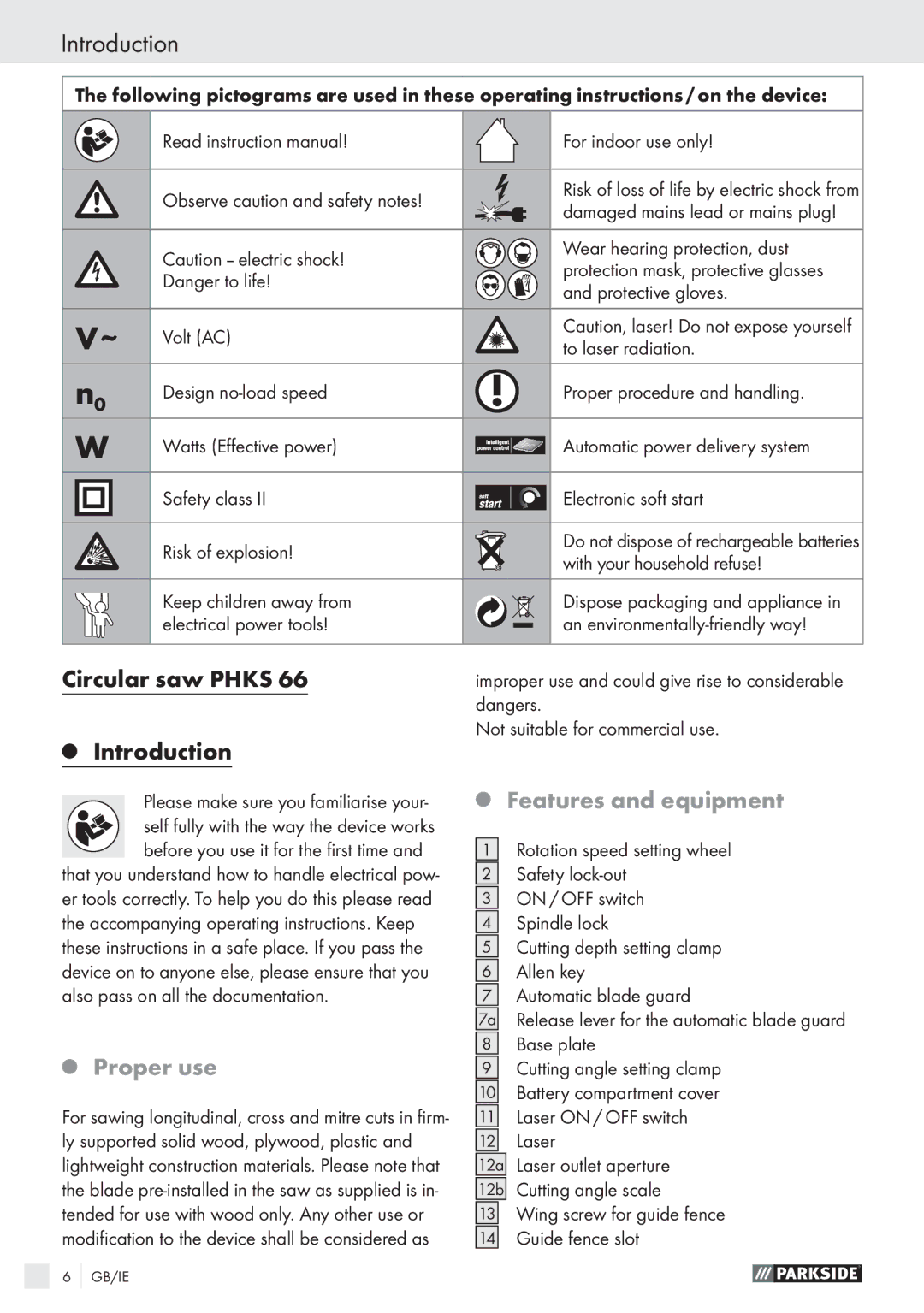 Parkside PHKS 66 manual Introduction, Circular saw Phks, Proper use, Features and equipment 