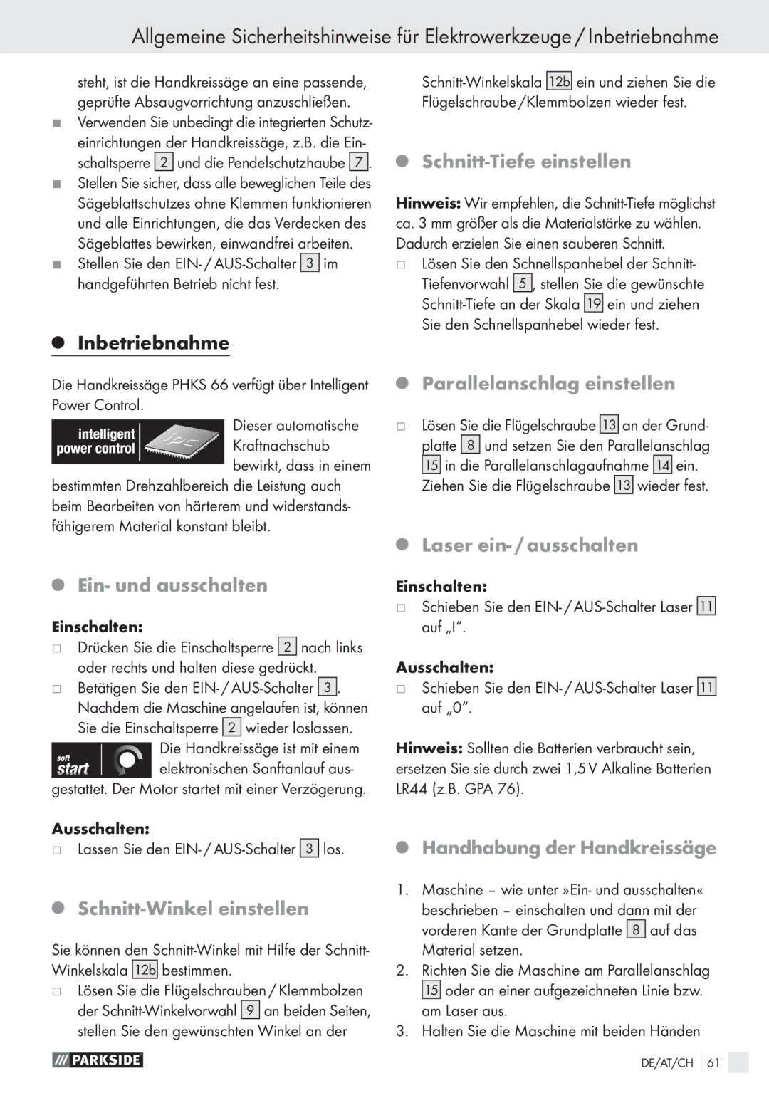 Parkside PHKS 66 Schnitt-Tiefe einstellen, Parallelanschlag einstellen, Ein- und ausschalten, Schnitt-Winkel einstellen 